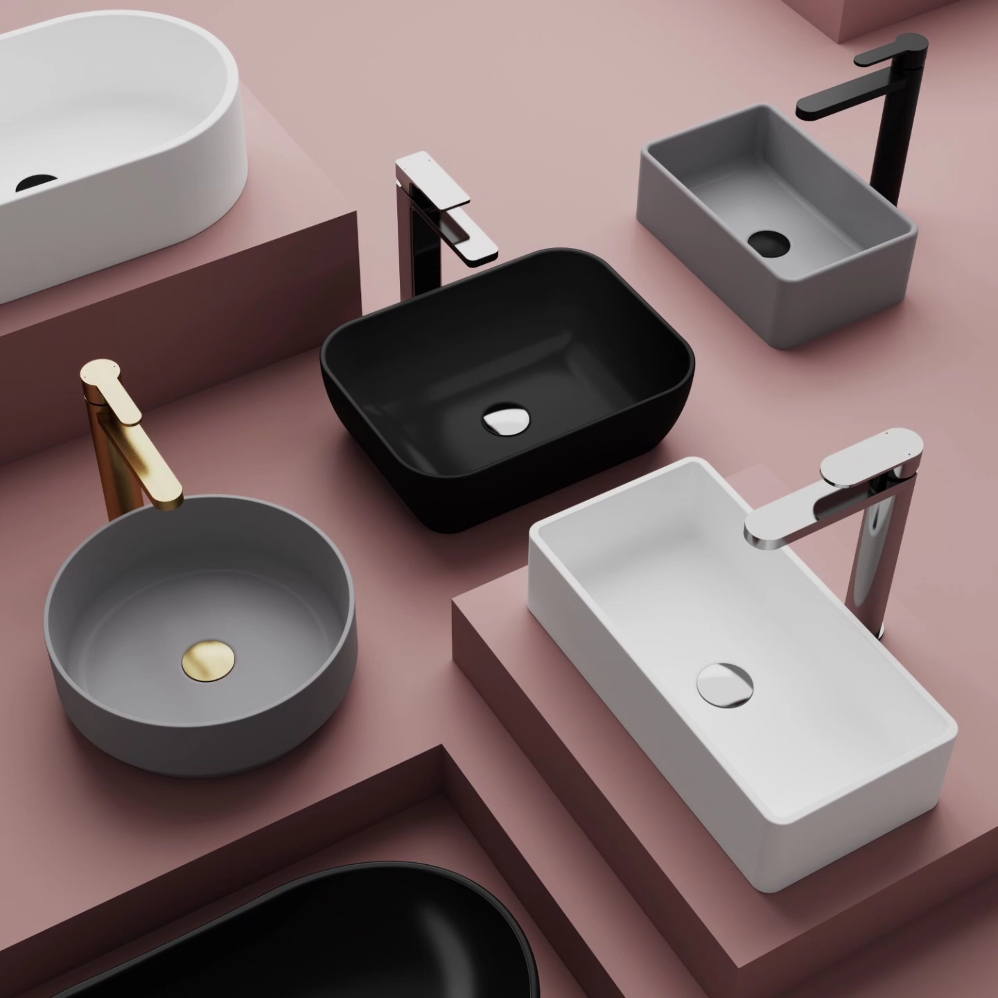 A display of round and rectangular bathroom basins with taps